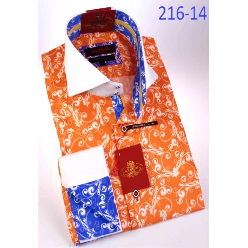 Axxess Orange / White Paisley Design Handpick Stitching 100% Cotton Dress Shirt 216-14